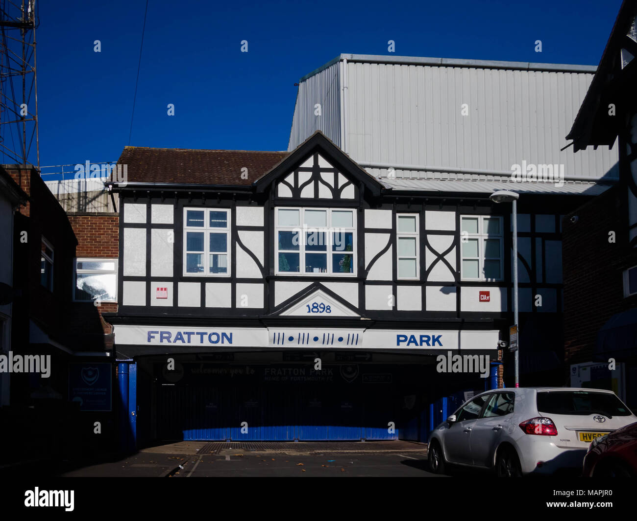 The Frogmore road entrance to Fratton Park Football stadium, the home of Portsmouth FC Stock Photo
