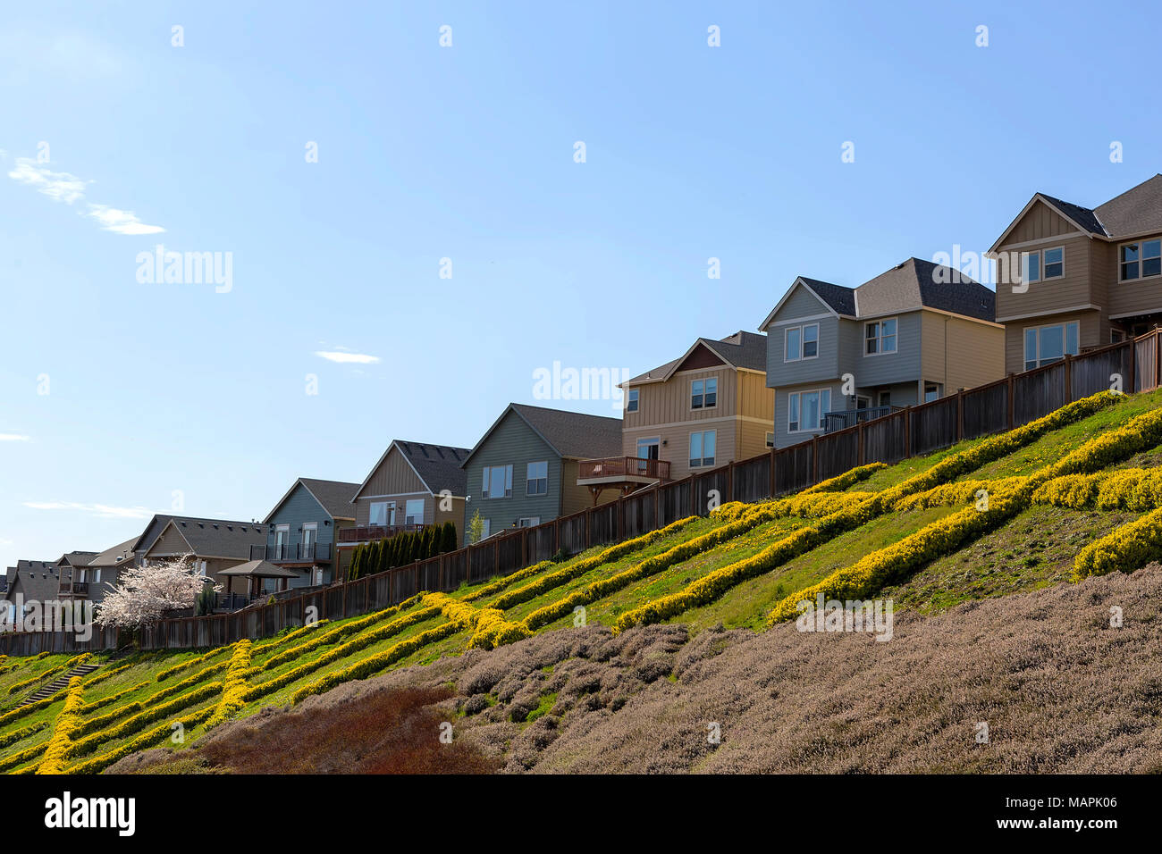 Hillside homes in North American suburban neighborhood with backyard wood deck view Stock Photo