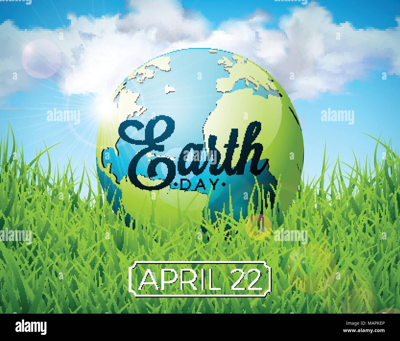 Earth Day illustration with and lettering. World map background