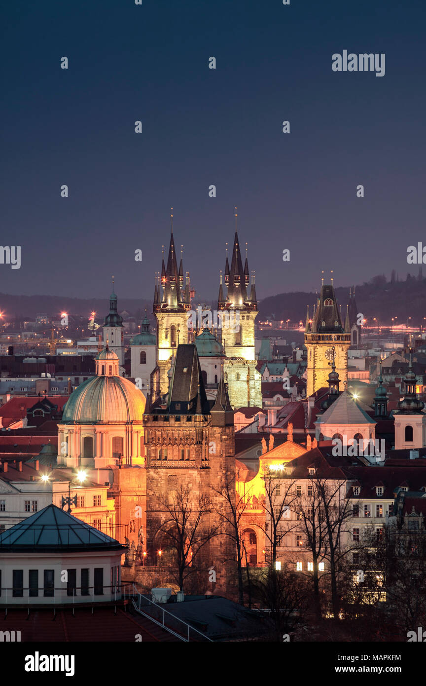 Overview of Prague Czech Republic at twilight Stock Photo
