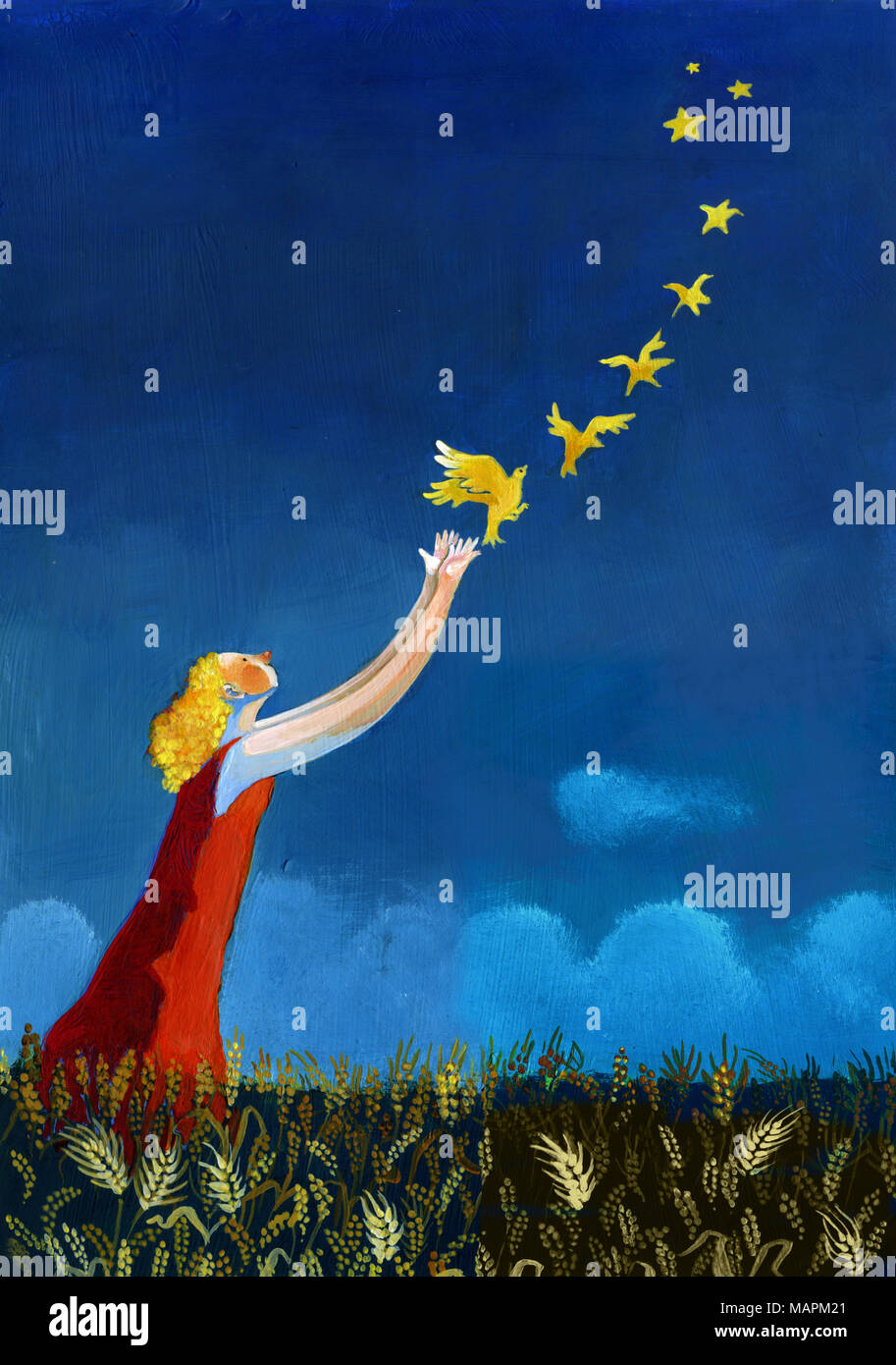 surreal girl creating stars throwing flying canaries Stock Photo