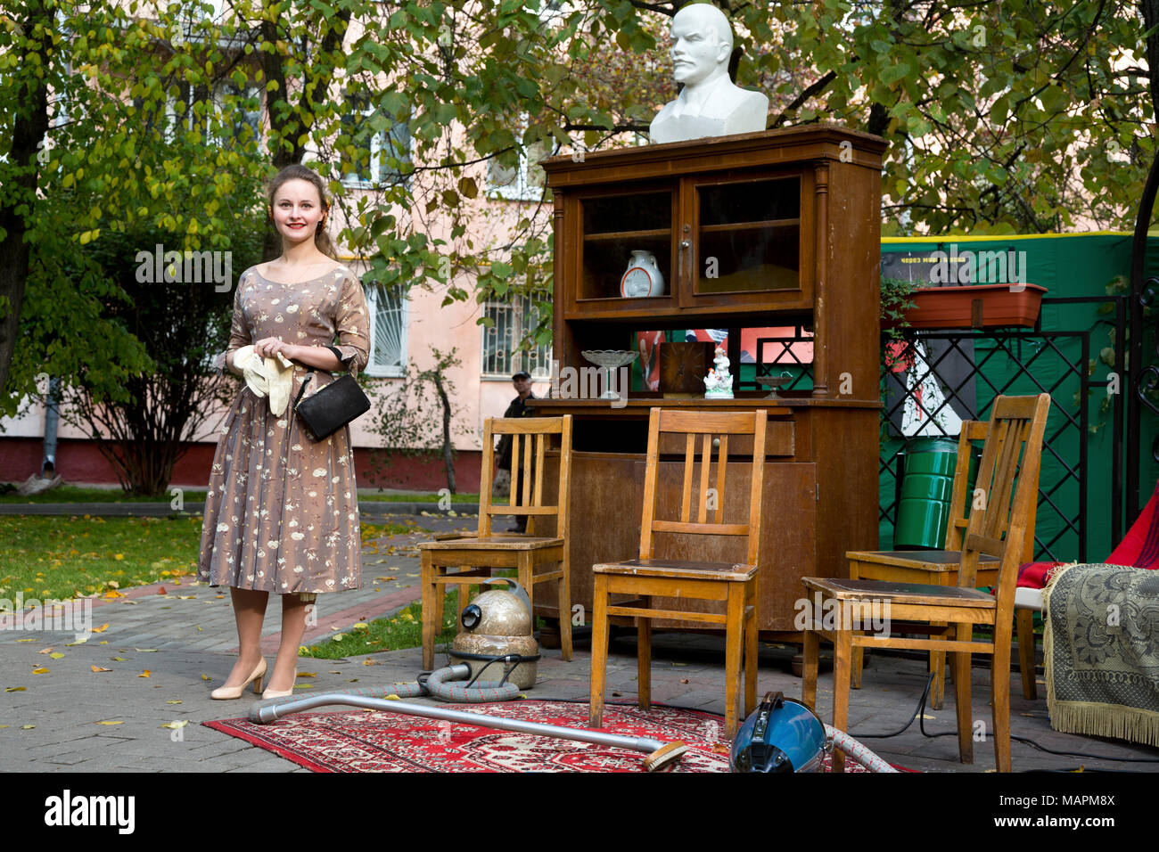 Theatrical reconstruction of the Soviet flat interior in the style of the sixties in Moscow's old courtyard during festival Khrushchevka .NET, Russia Stock Photo