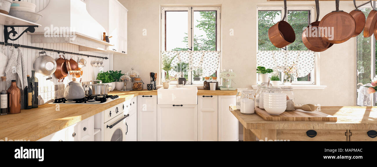 retro kitchen in a cottage with sleeping cat. 3D RENDERING Stock Photo