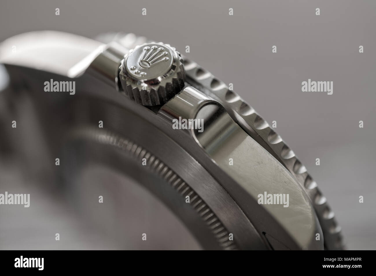 Closeup, shallow focus image of a famous, Swiss manufactured men's