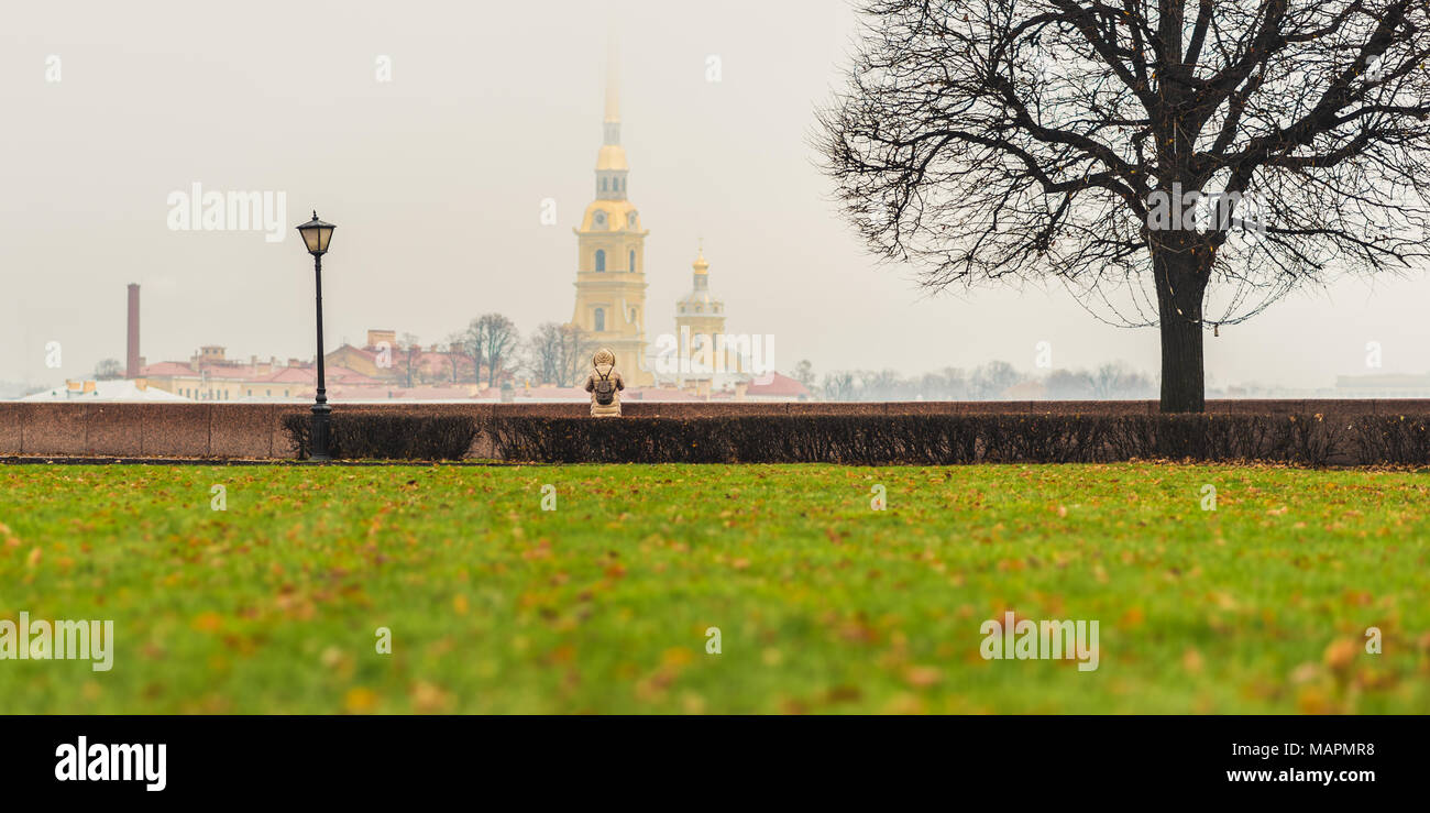 Saint Petersburg (Russia) in morning: lawn & fallen leaves, black tree branches, stone parapet, view of Saints Peter and Paul Cathedral Stock Photo