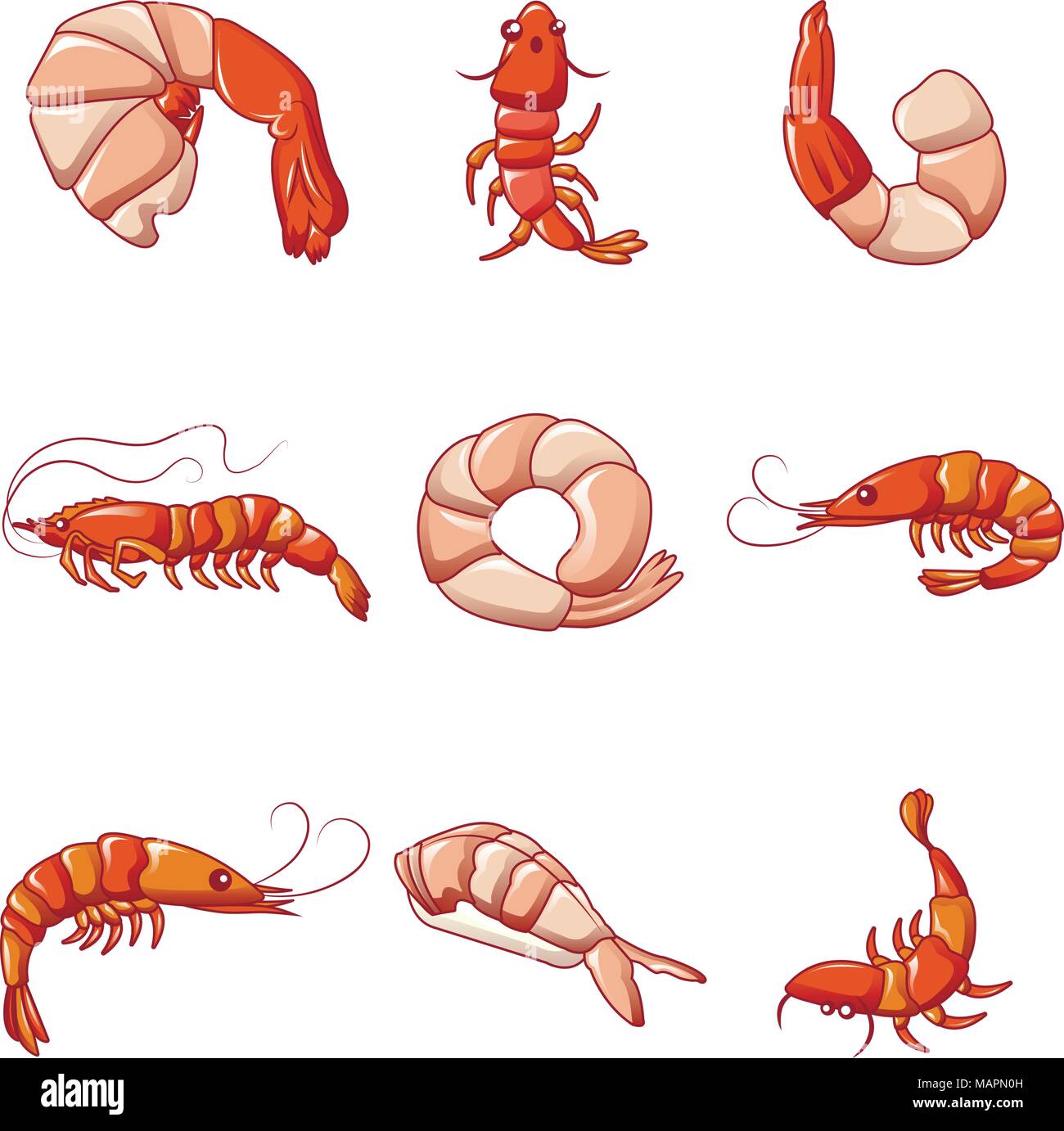 Shrimp prawn cooked icons set, cartoon style Stock Vector