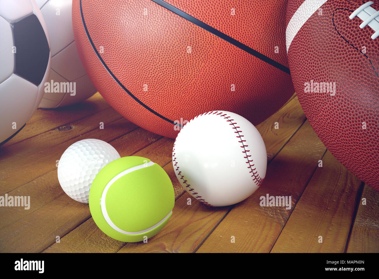 3d rendering of tennis set, basketball ball, volleyball ball and baseball set on four colour background Stock Photo - Alamy