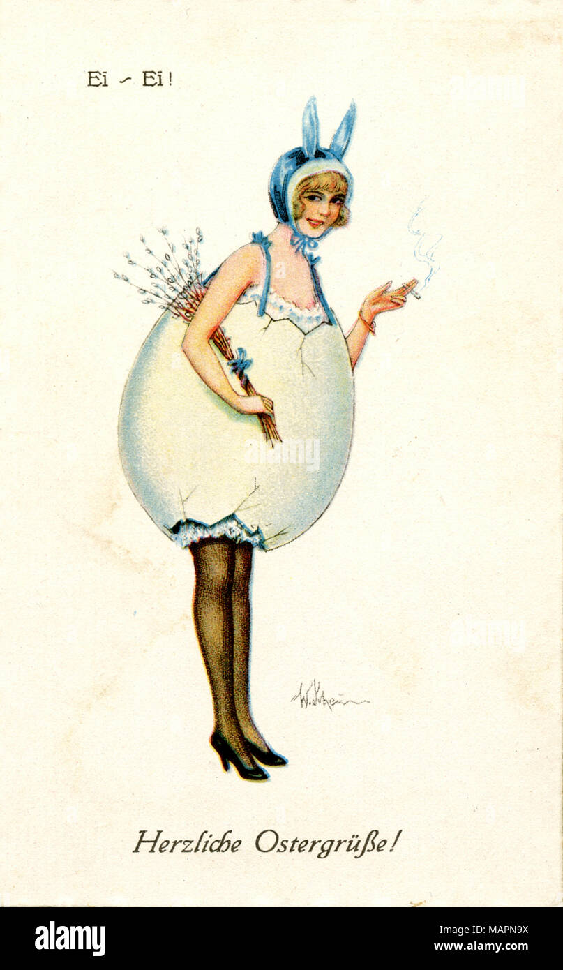 Easter card: Young woman with cigarette in easter egg costume, W Schein? Stock Photo