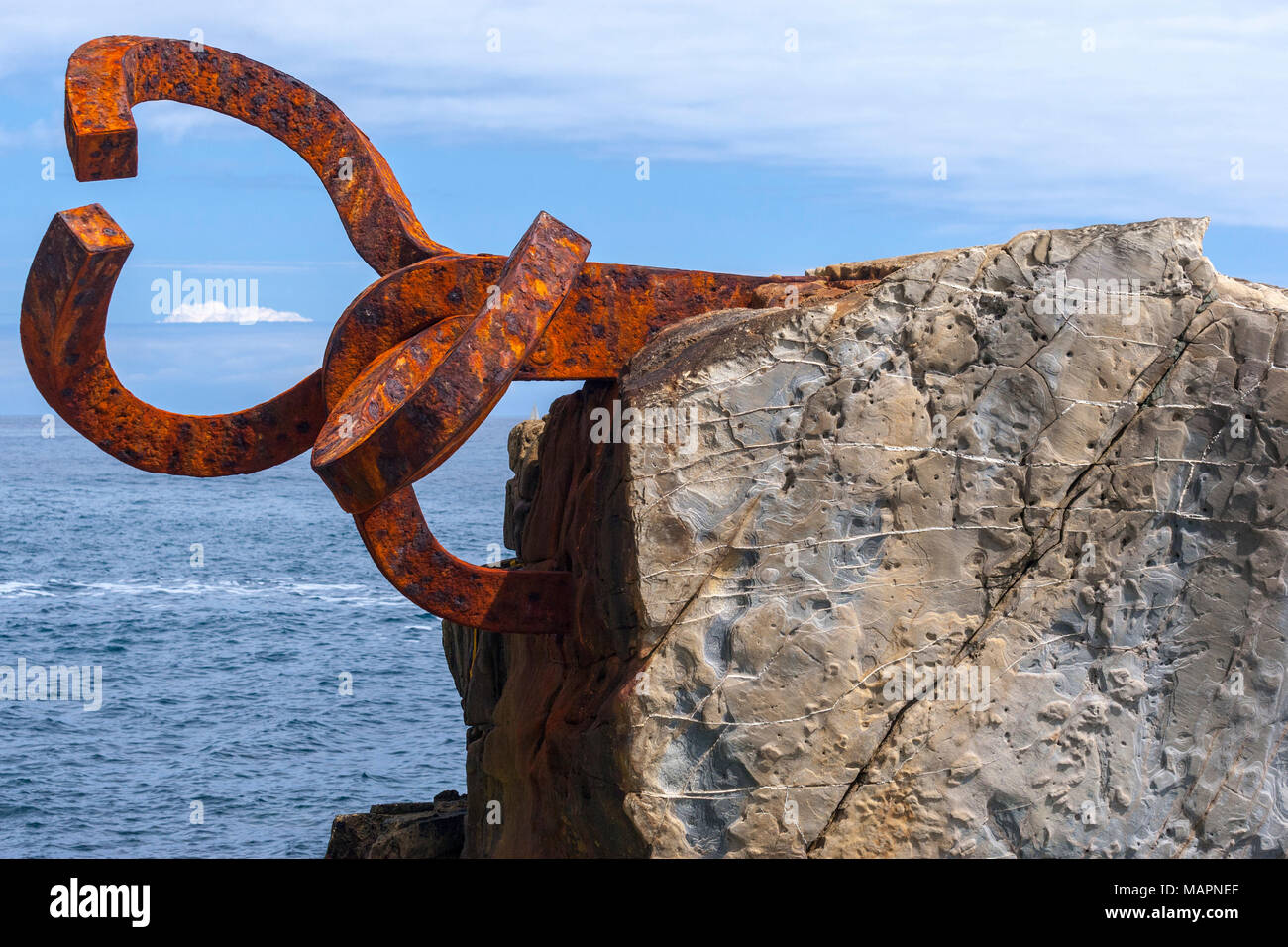 Rusted iron in the sculpture of The Comb of the Wind, San Sebastian, Peine del Viento XV, three sculptures by Eduardo Chillida. San Sebastian, Stock Photo