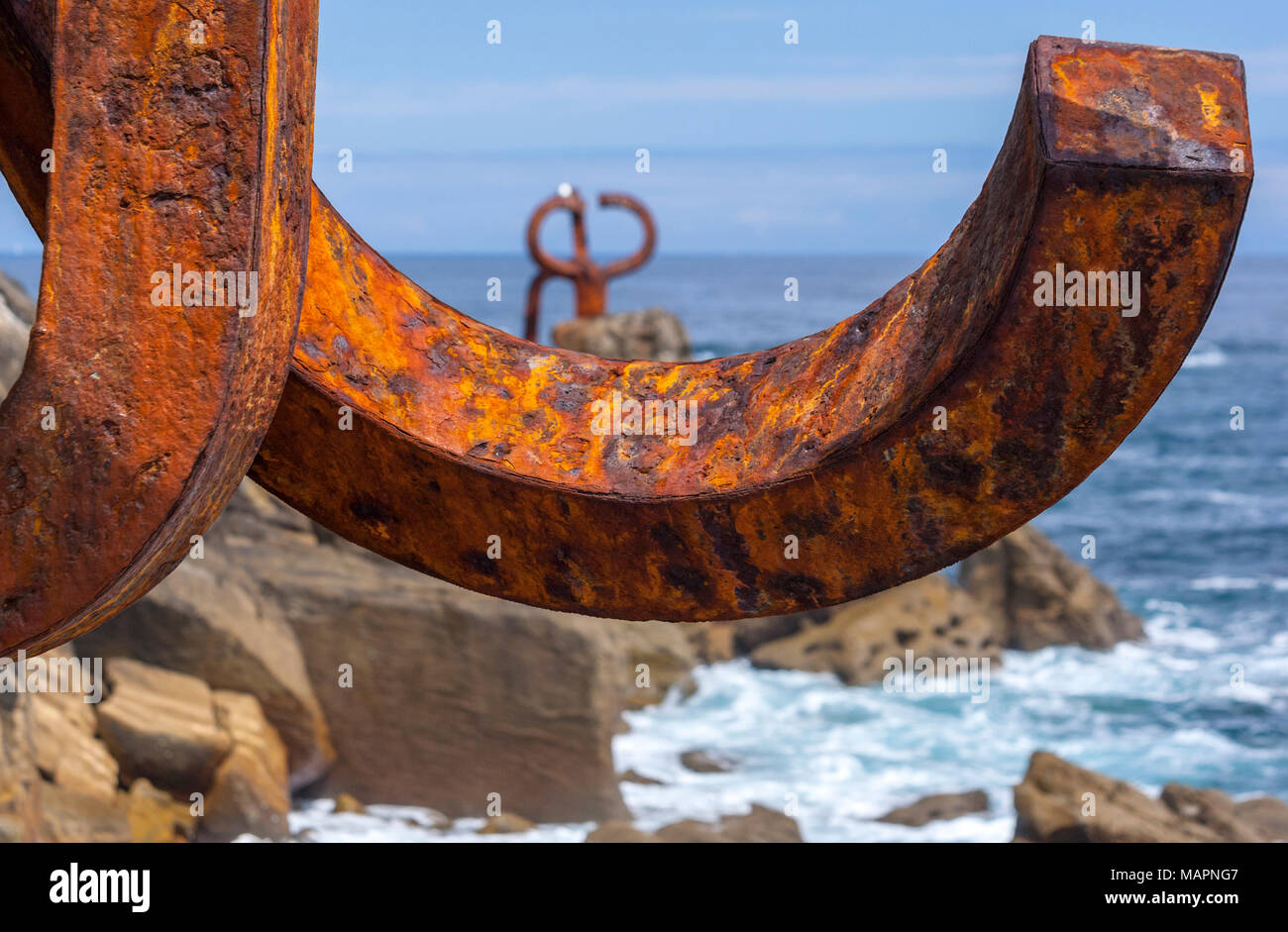 Rusted iron in the sculpture of The Comb of the Wind, San Sebastian, Peine del Viento XV, three sculptures by Eduardo Chillida. San Sebastian, Stock Photo