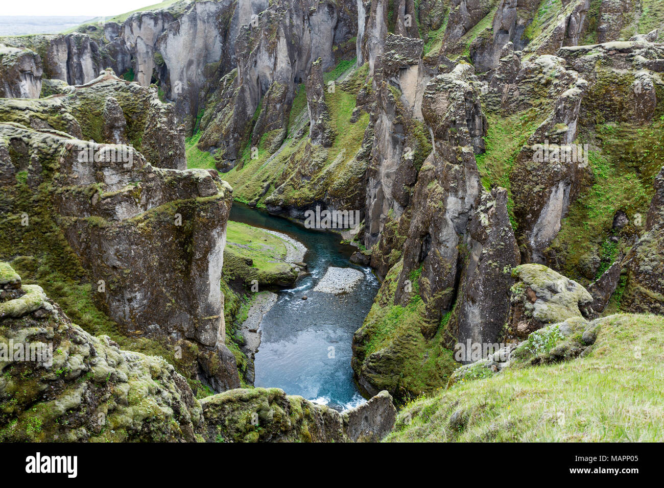 Fjaorargljufur Canyon, Iceland, about 100 meters deep and about two kilometers long Stock Photo