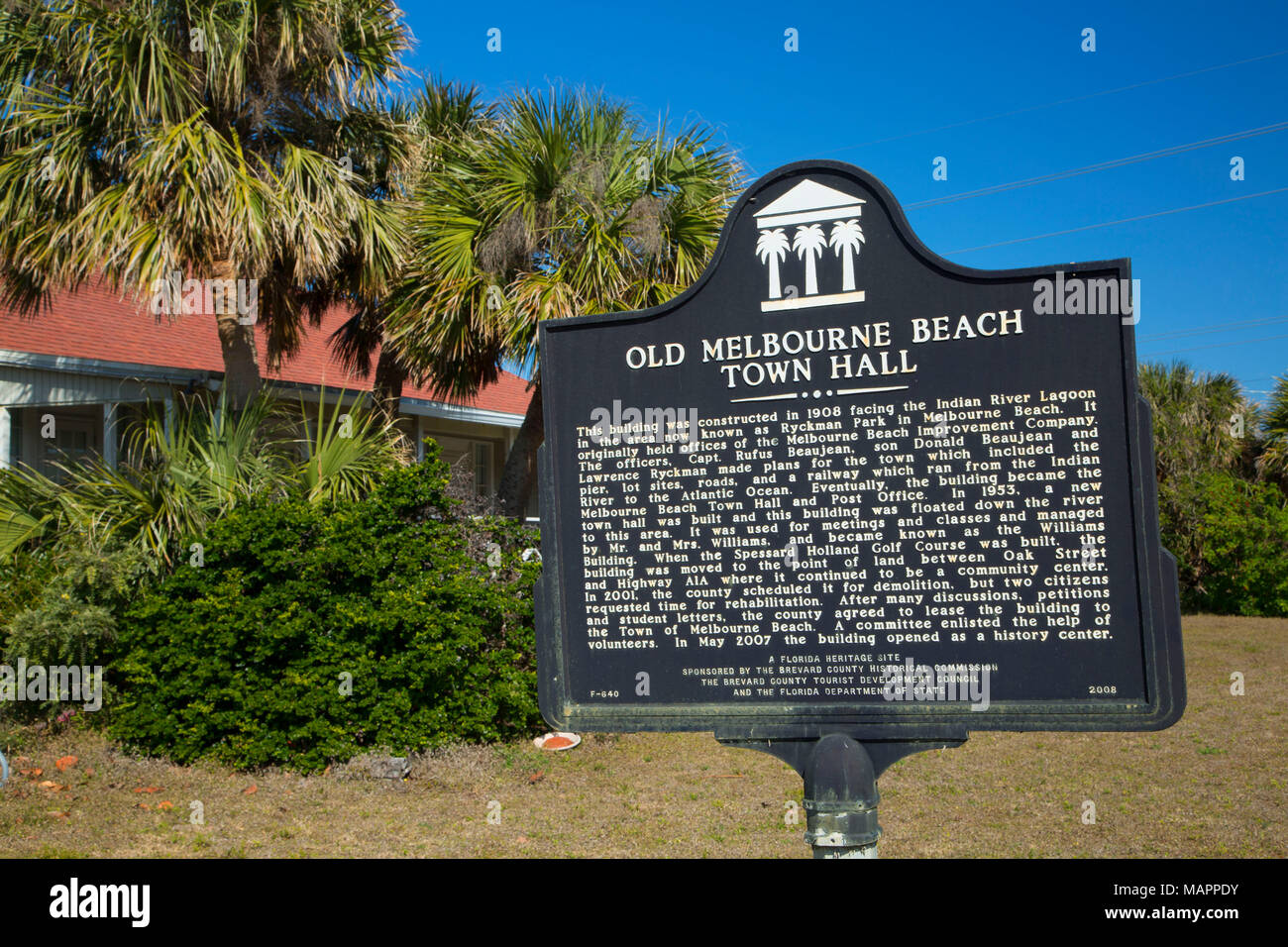 Old Town Hall history sign, Old Town Hall History Center, Melbourne Beach, Florida Stock Photo