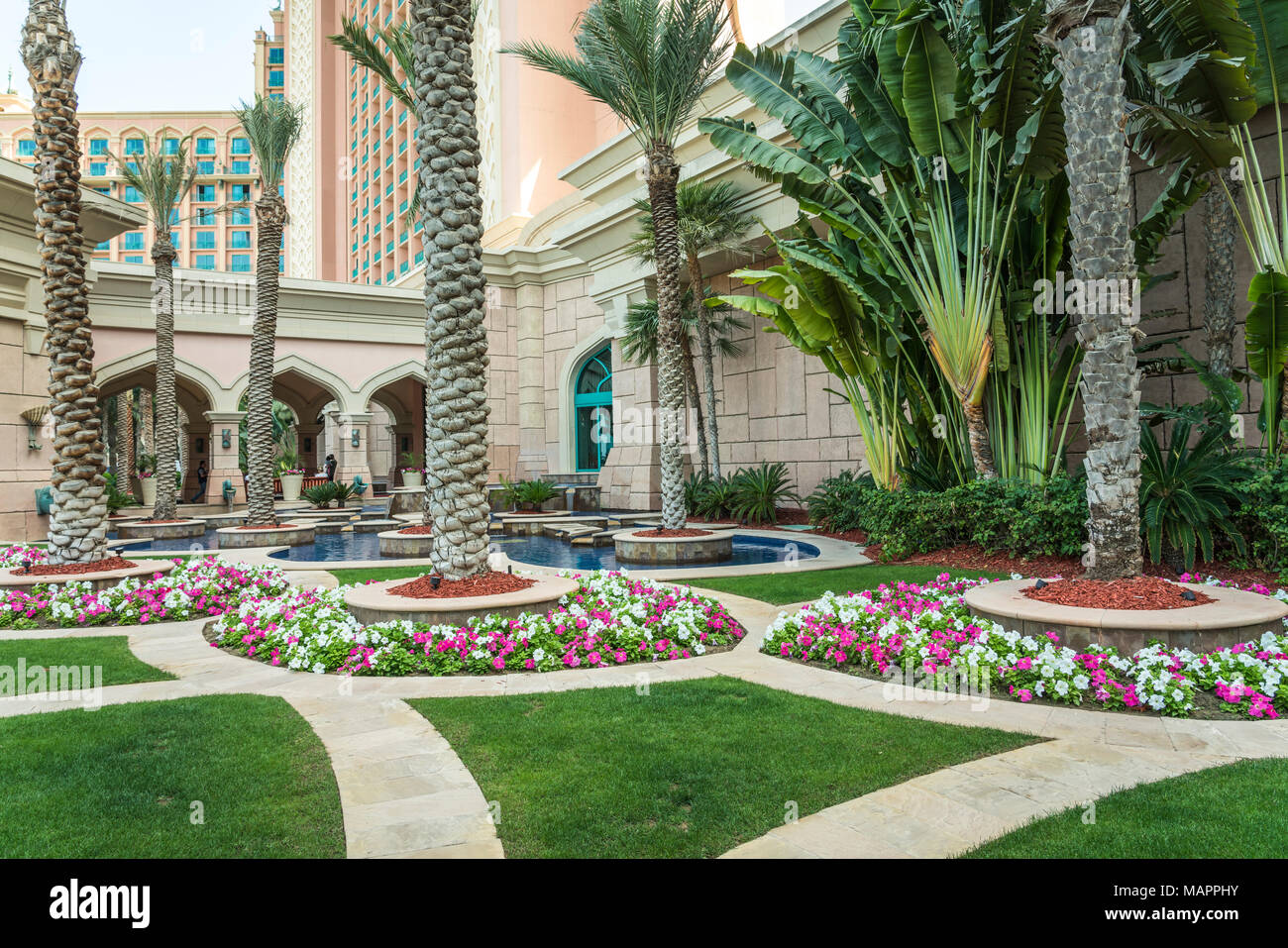 Outside gardens of the Atlantis Palm Resort on The Palm in Dubai, UAE, Middle East. Stock Photo