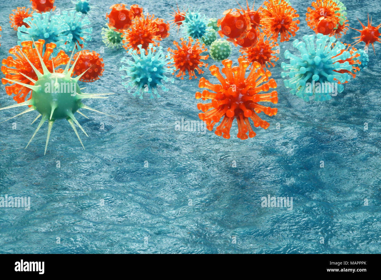3D illustration pathogenic viruses causing infection in host organism. Viral disease epidemic. Virus abstract background. Virus, bacteria, cell infected organism. Stock Photo