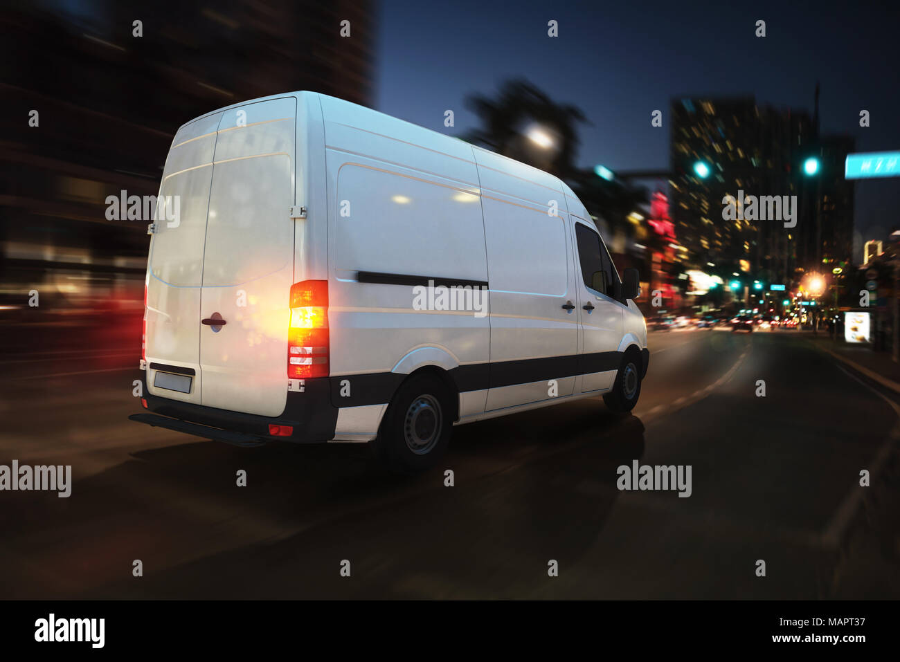 Fast van on a city road delivering at night. 3D Rendering Stock Photo