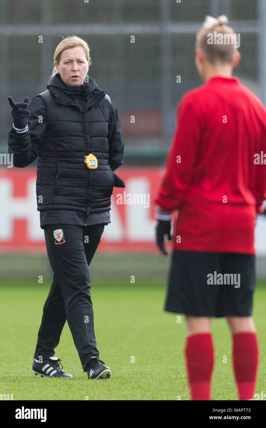 NEWPORT, WALES - APRIL 03: Wales coach Jayne Ludlow speaks to Jess Fishlock as the Wales women team train at Dragon Park ahead of the FIFA Women's Wor Stock Photo