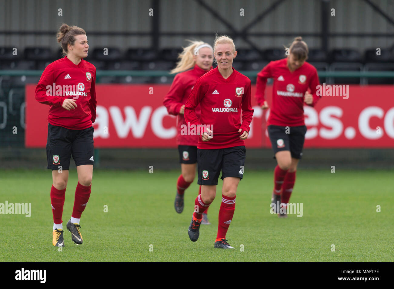 NEWPORT, WALES - APRIL 03: Hayley Ladd and Sophie Ingle in action as the Wales women team train at Dragon Park ahead of the FIFA Women's World Cup mat Stock Photo