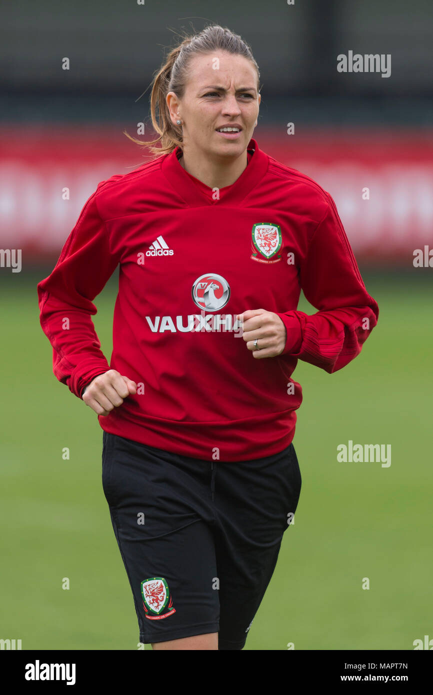 NEWPORT, WALES - APRIL 03: Kayleigh Green warms up as the Wales women team train at Dragon Park ahead of the FIFA Women's World Cup match between Engl Stock Photo
