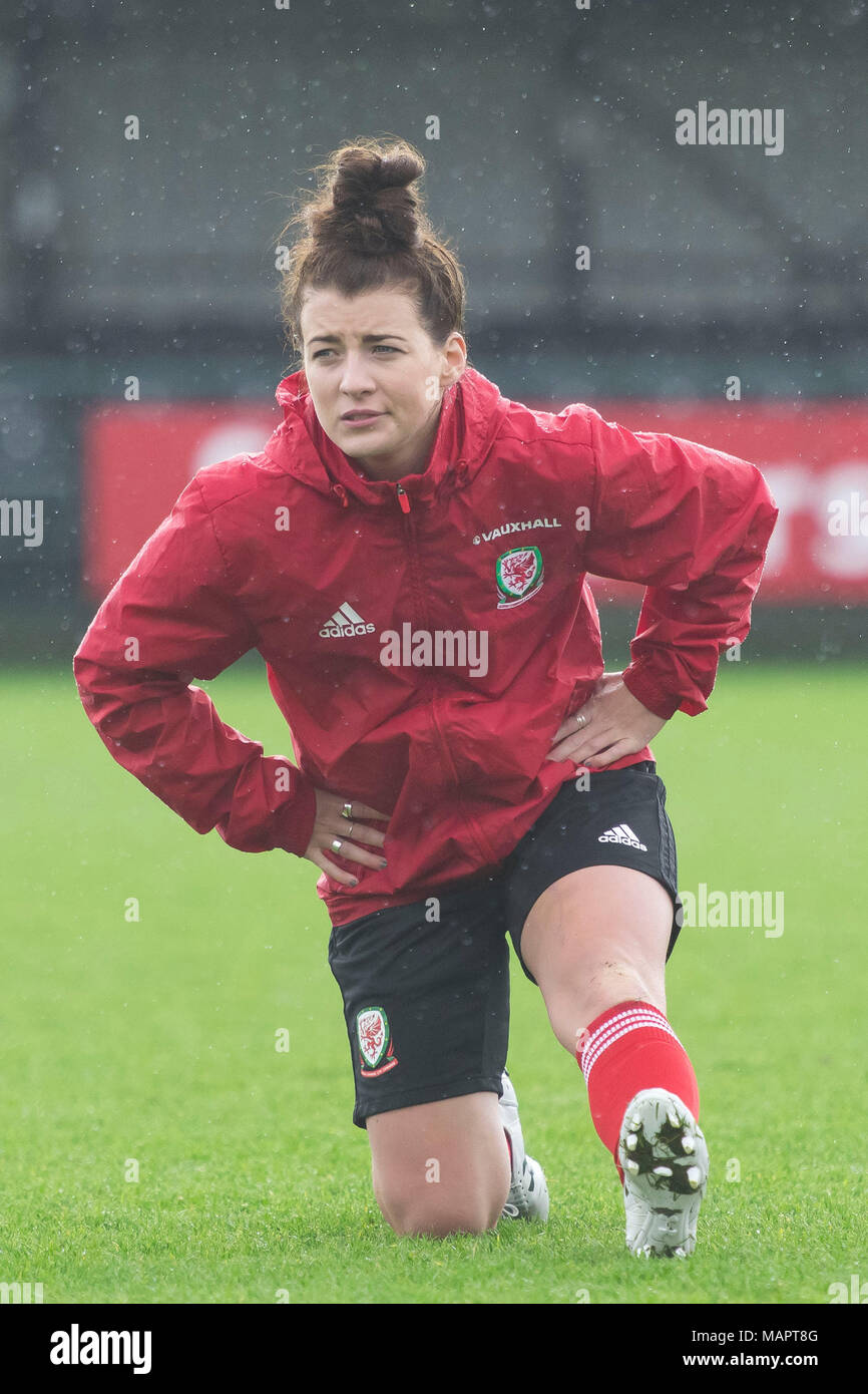 NEWPORT, WALES - APRIL 03: Angharad James warms up as the Wales women team train at Dragon Park ahead of the FIFA Women's World Cup match between Engl Stock Photo