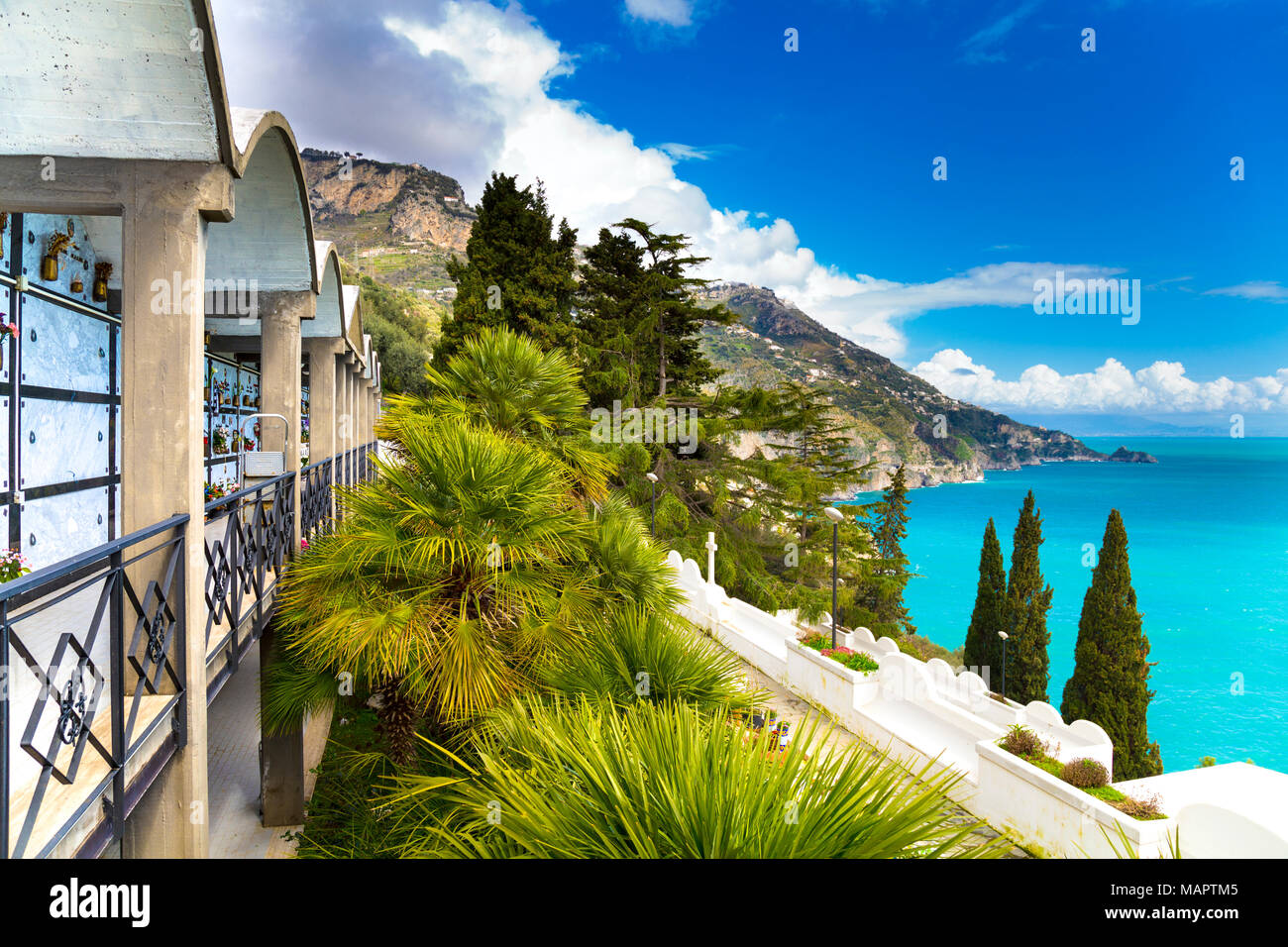 View from a small cemetery overlooking the sea in Praiano, Amalfi Coast, Italy Stock Photo