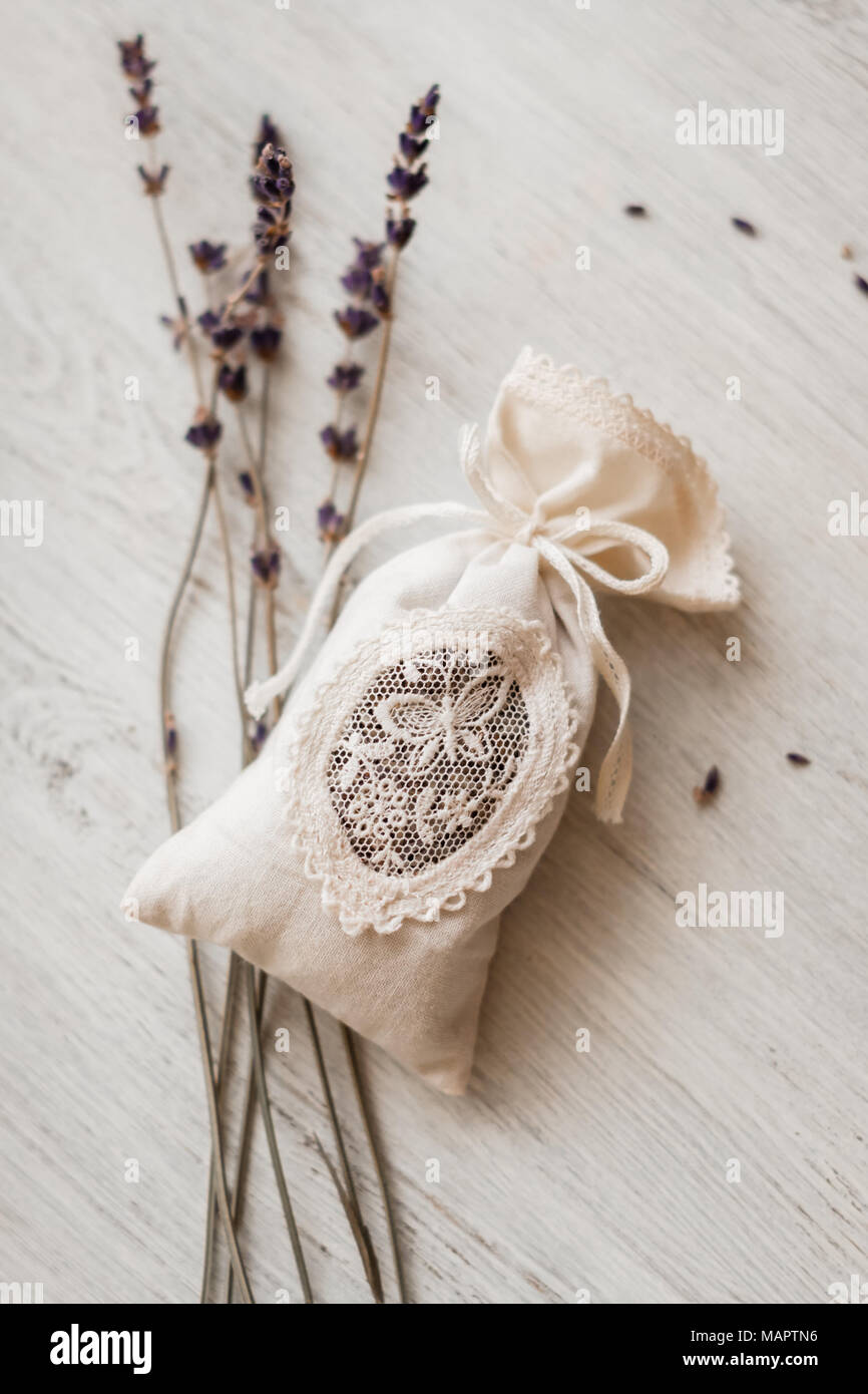 Beautiful Embroidered Sachets with dried Lavender, toned Stock Photo