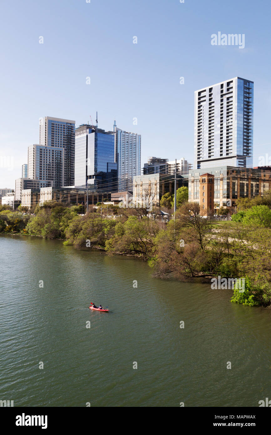 Austin Texas city skyline and the Colorado River, Downtown, Austin, Texas USA Stock Photo