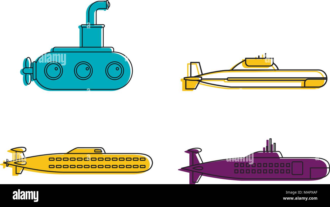 Submarine icon set, color outline style Stock Vector
