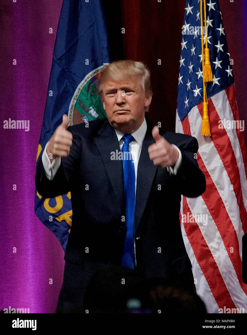 Wichita, Kansas, USA, March 5,  2016 Republican Presidential candidate Donald Trump addresses a crowd of supporters at his kick off campaign rally in the century II convention center Credit: Mark Reinstein/MediaPunch Stock Photo