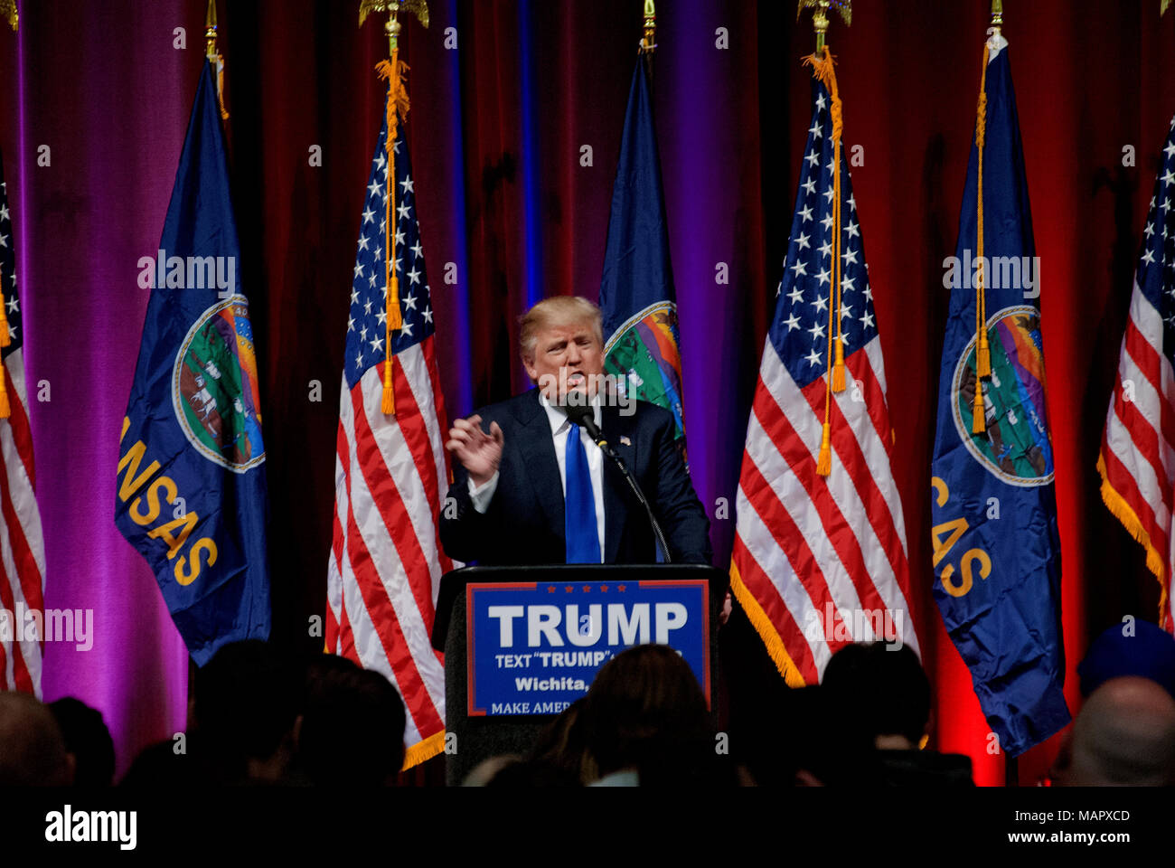 Wichita, Kansas, USA, March 5,  2016 Republican Presidential candidate Donald Trump addresses a crowd of supporters at his kick off campaign rally in the century II convention center Credit: Mark Reinstein/MediaPunch Stock Photo