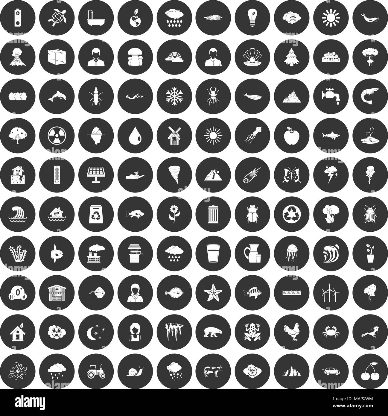 100 earth icons set black circle Stock Vector
