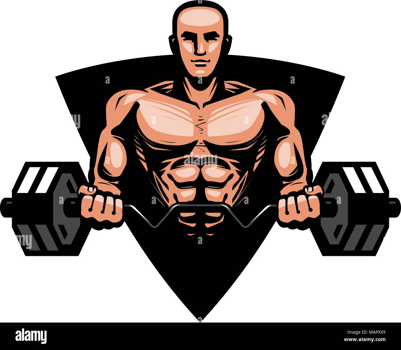 Gym, bodybuilding, fitness logo or label. Muscular man or bodybuilder holding heavy barbell. Vector illustration Stock Vector