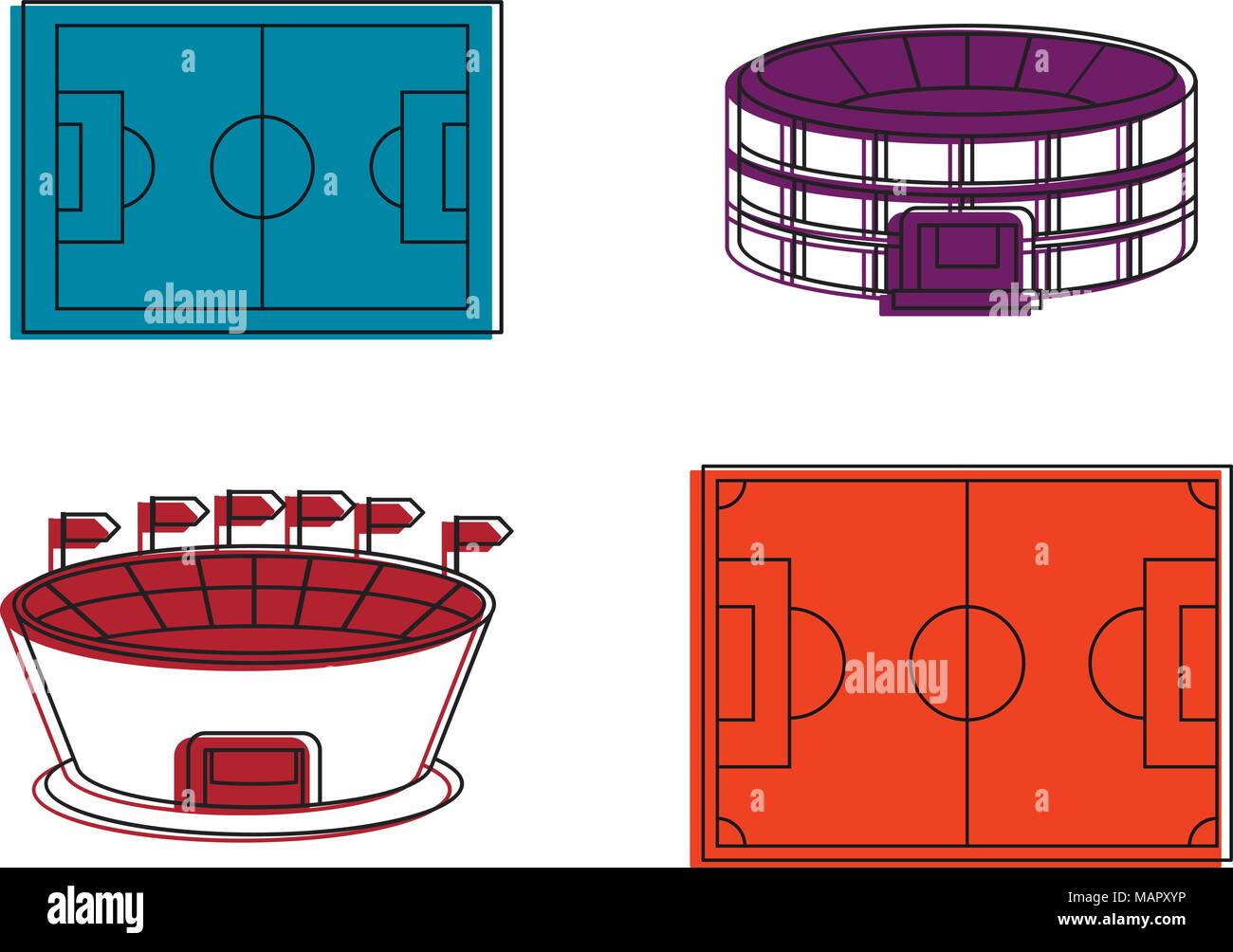 Soccer stadium icon set, color outline style Stock Vector