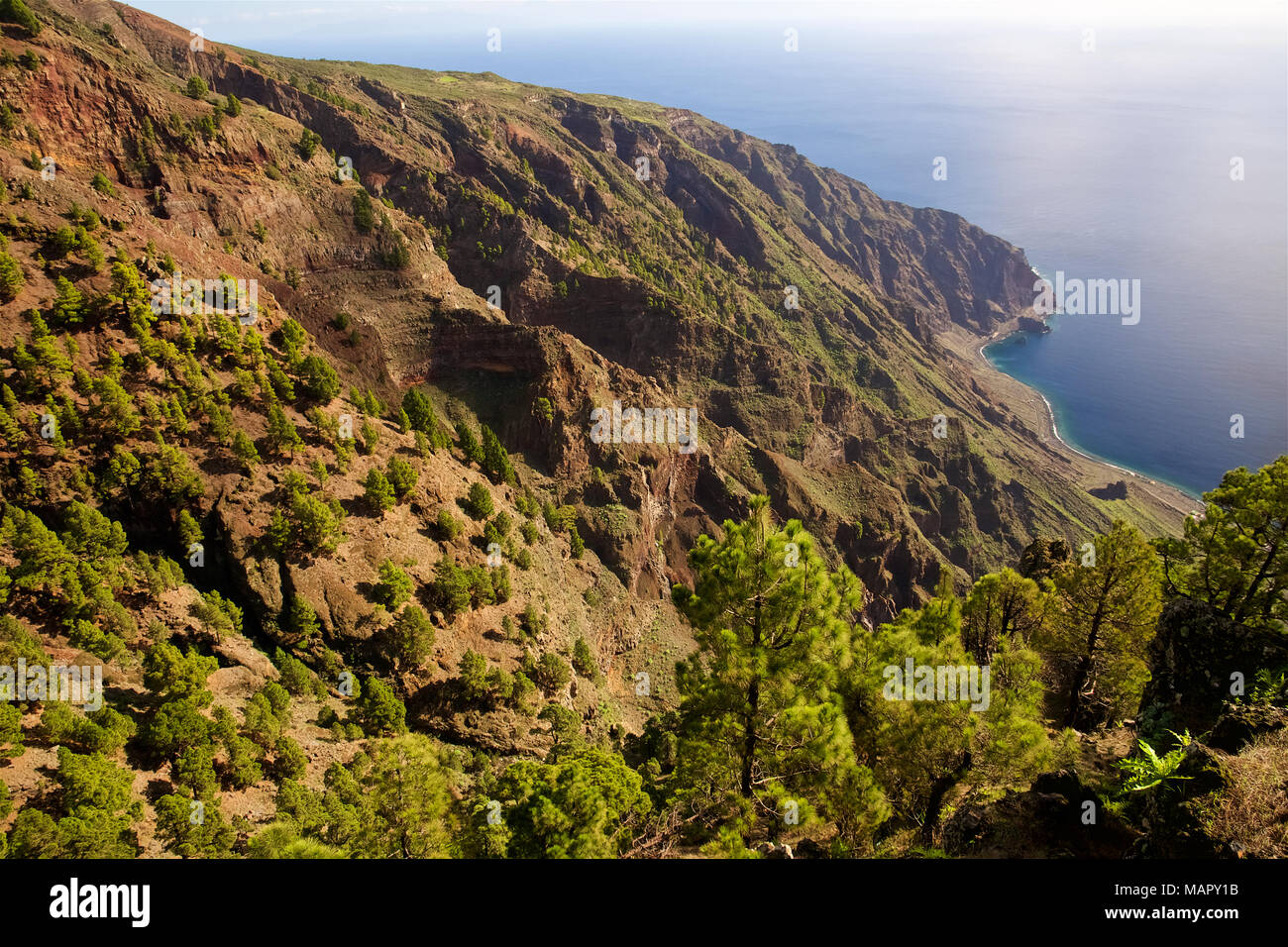 Panoramic view of Las Playas Bay, including Roque Bonanza islet, from the Mirador de las Playas overlook in El Hierro, Canary Islands, Spain Stock Photo