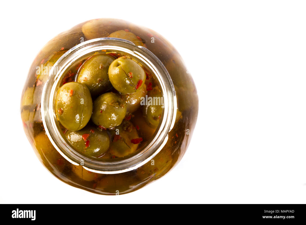 Top view of Spicy green olives in a glass jar on a white background Stock Photo Alamy