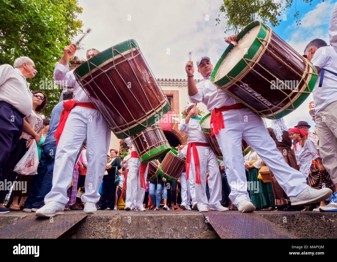 Drums in parade, Romeria de San Benito de Abad, traditional street party, San Cristobal de La Laguna, Tenerife Island, Canary Islands, Spain Stock Photo