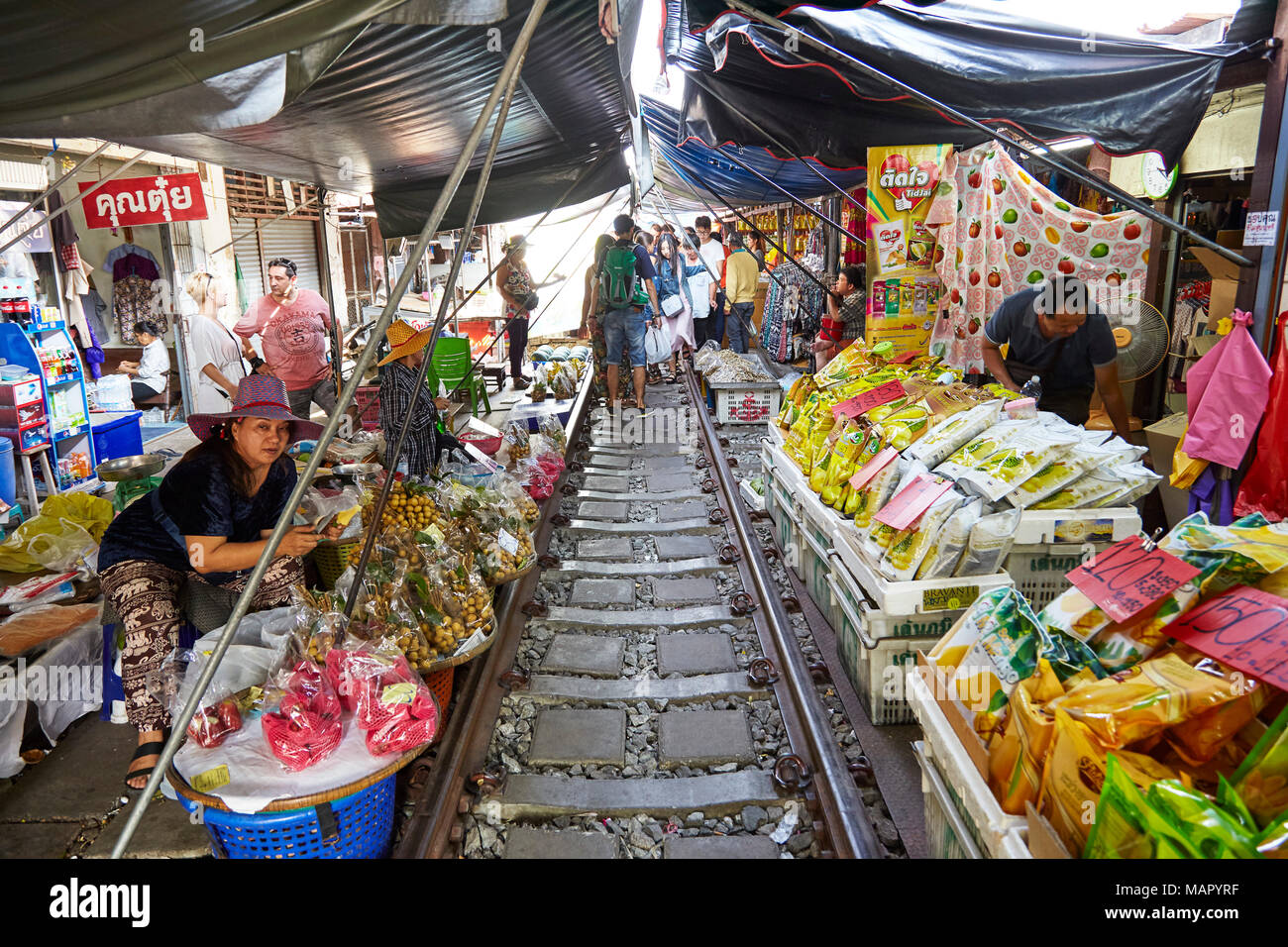 Market stalls along the Maeklong railway, Bangkok, Thailand, Southeast Asia, Asia Stock Photo