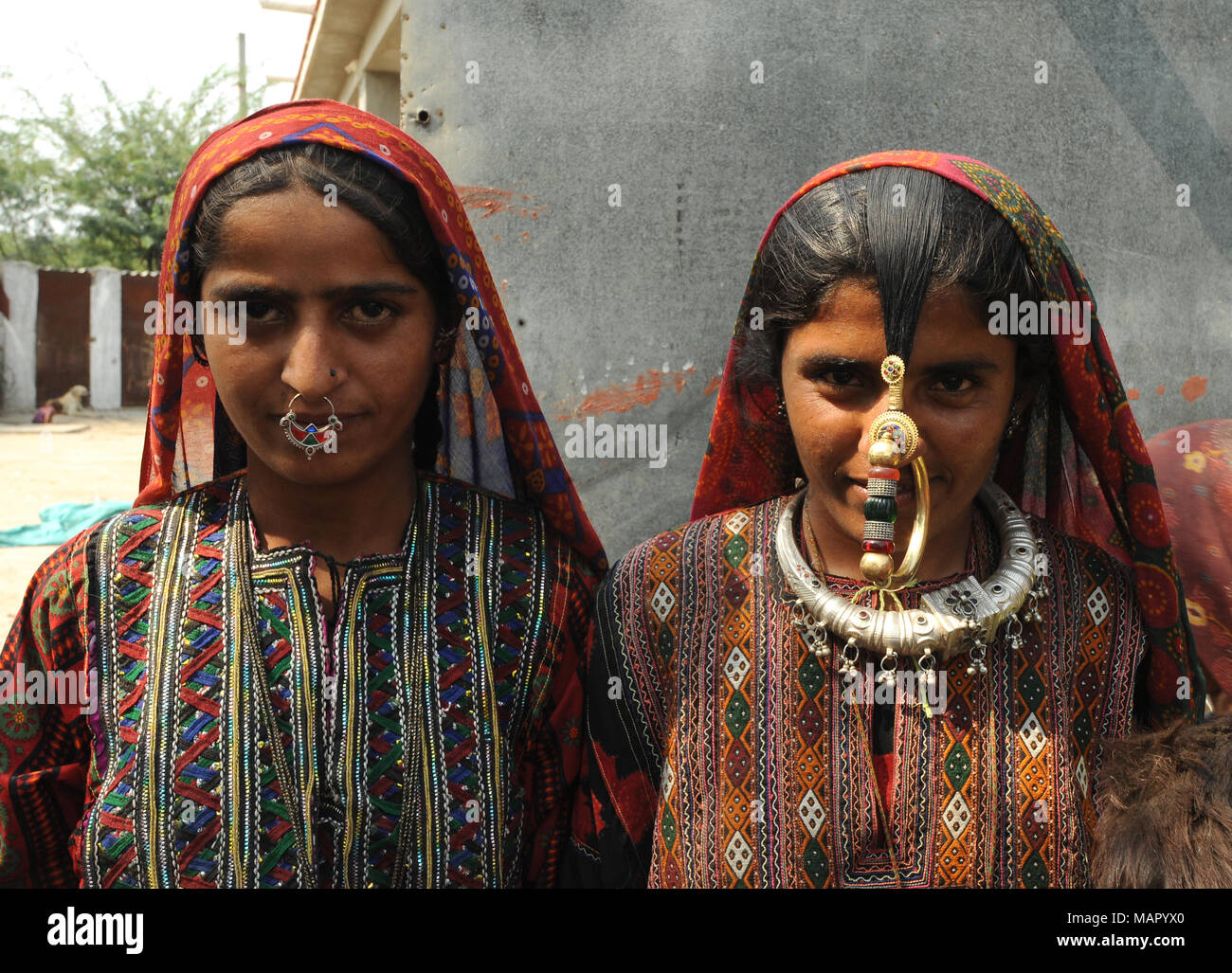 Two young Jat women, one wearing traditional brass Jat tribal nose ring, jewellery and clothing, Bhidara village, Kutch, Gujarat, India, Asia Stock Photo