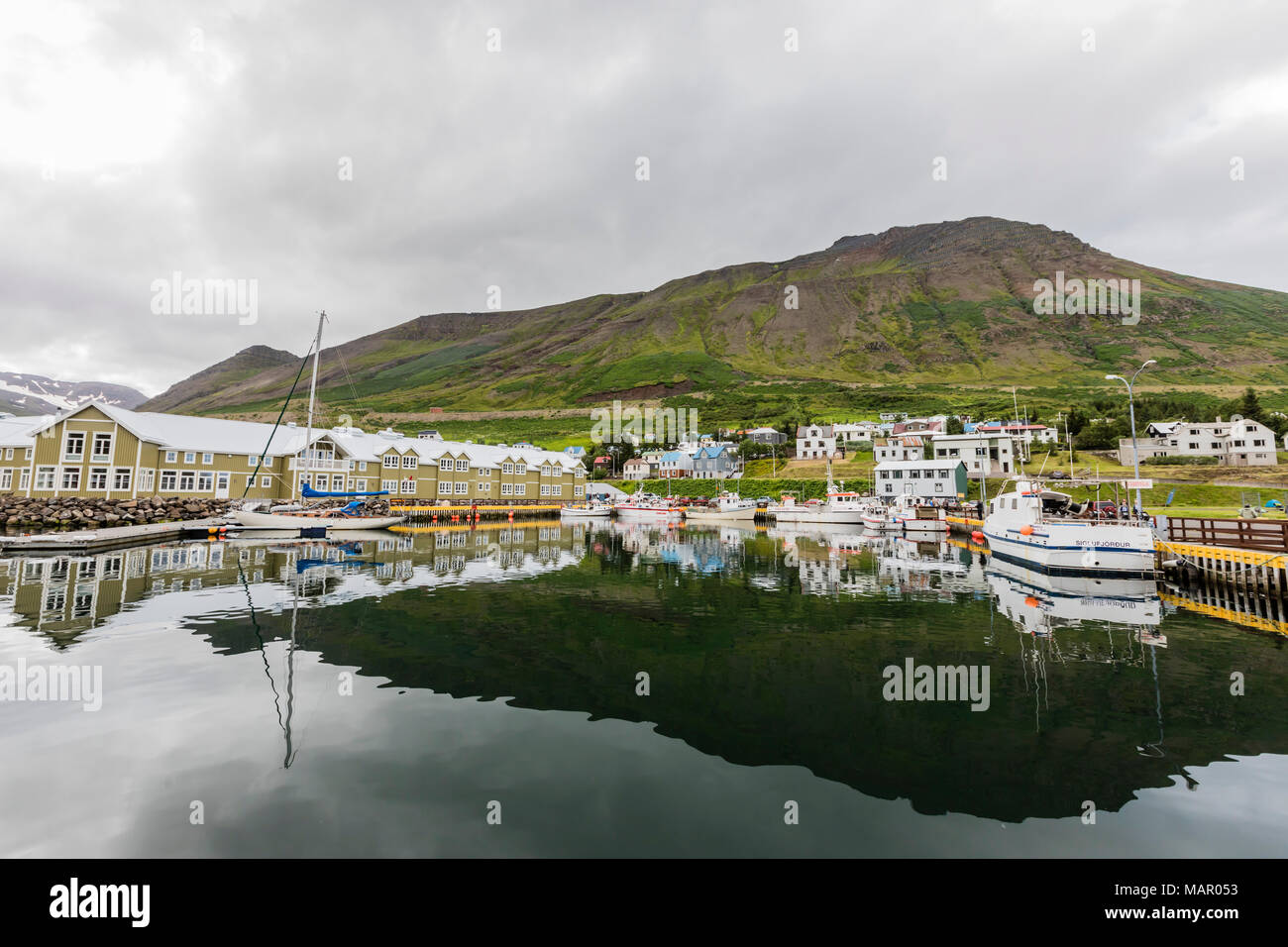 The herring capital of the world, Siglufjorour, Siglufjordur, off the north coast of Iceland, Polar Regions Stock Photo