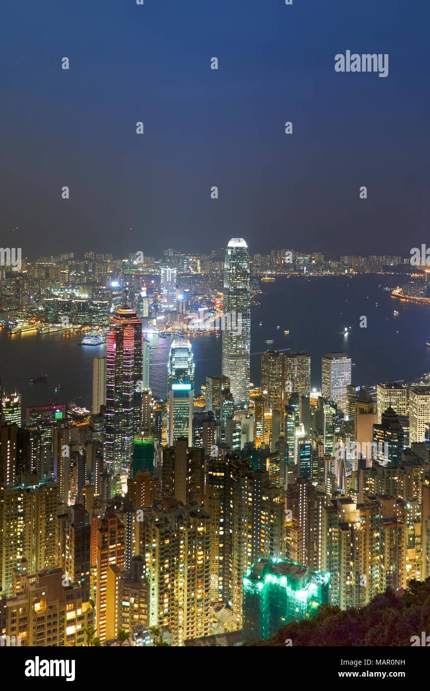 City skyline by night viewed from Victoria Peak, Hong Kong, China, Asia Stock Photo