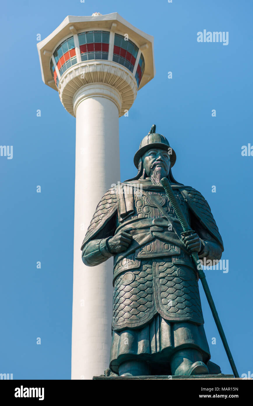 Busan Tower and statue of Admiral Yi Sunshin at Yongdusan Park, Busan, South Korea, Asia Stock