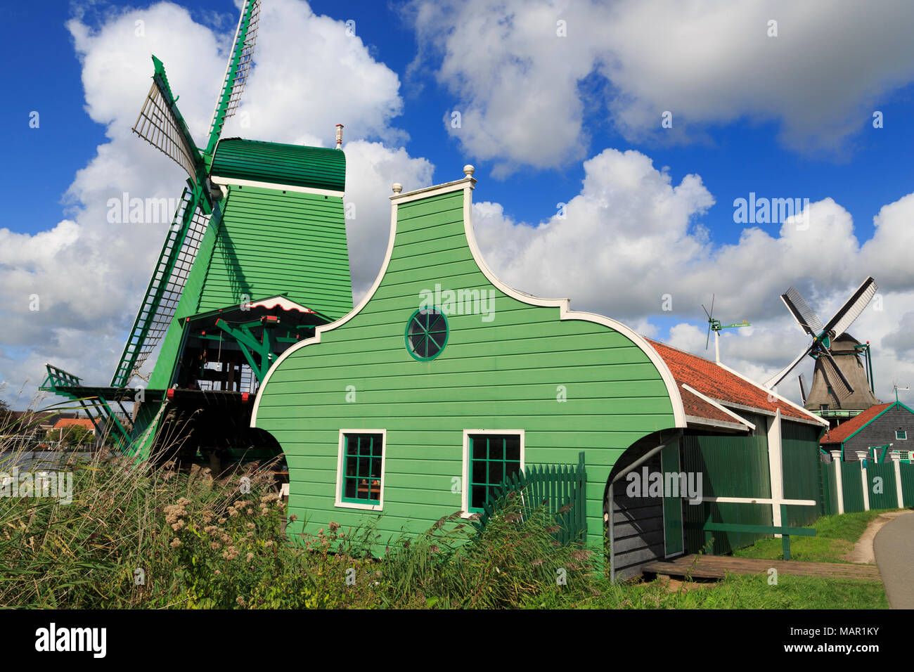 Windmills, Zaanse Schans Historical Village, Zaandam, North Holland, Netherlands, Europe Stock Photo
