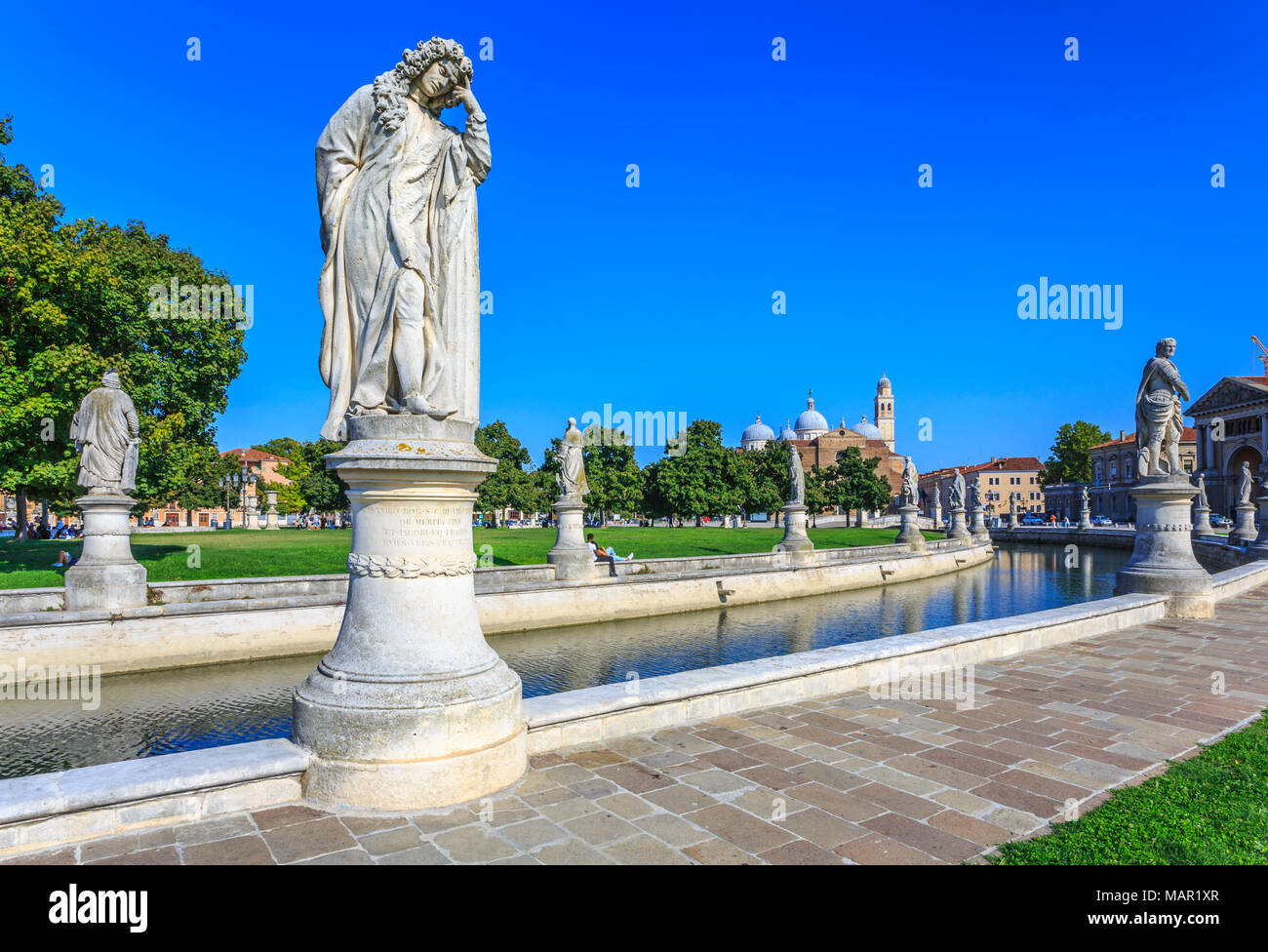 View of statues in Prato della Valle and Santa Giustina Basilica visible in background, Padua, Veneto, Italy, Europe Stock Photo