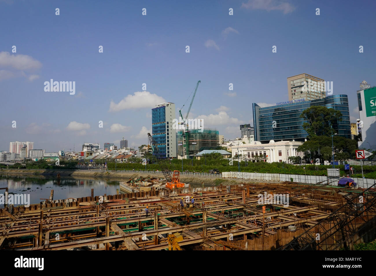 Flood & waste rwater  control structure being built next to the Cau Mong Bridge & Rach Ben Nghe canal, a tributary of the Saigon River, District One Stock Photo