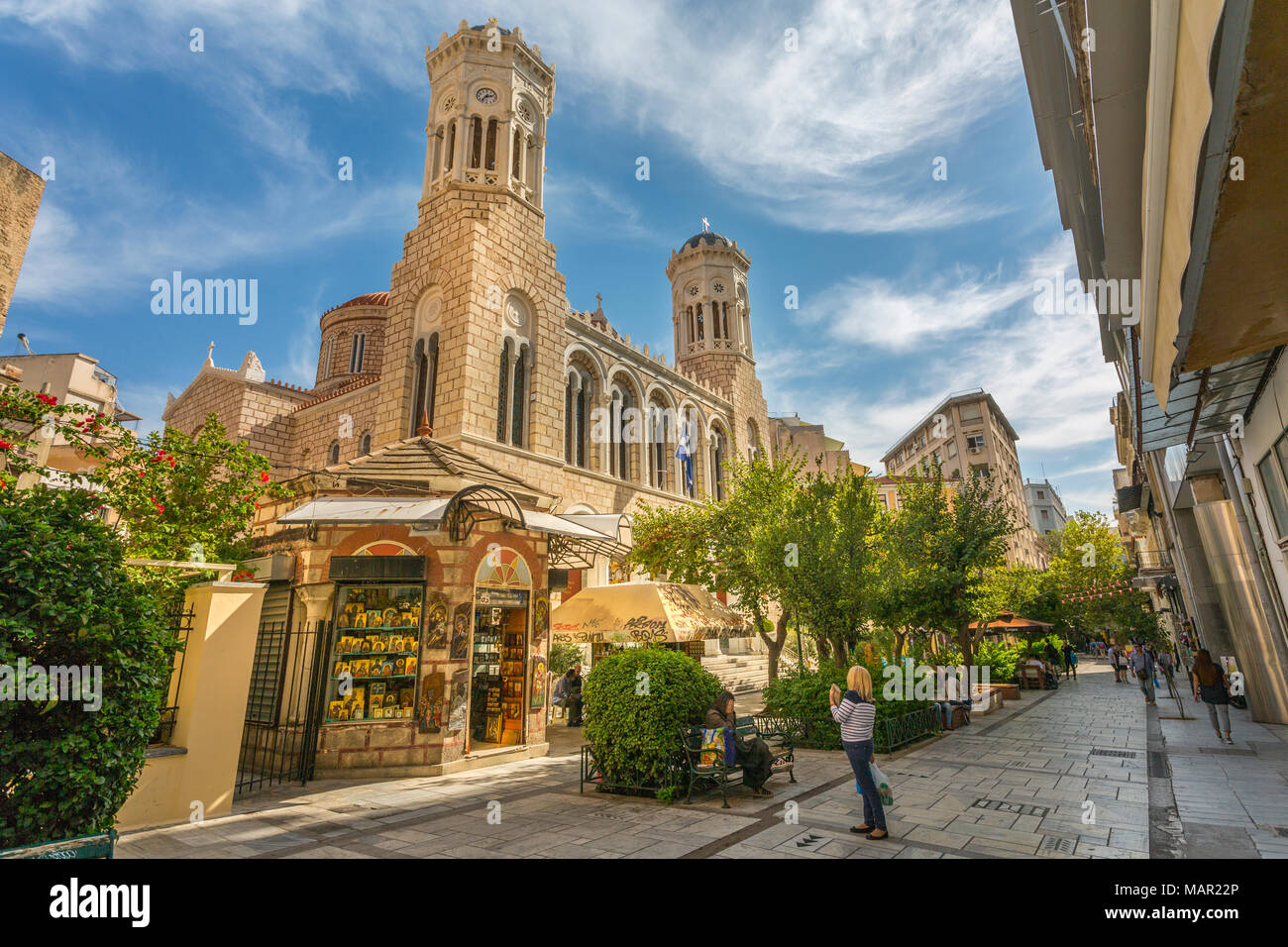 View of St. Irene Orthodox Church and souvenir shop, Monastiraki District, Athens, Greece, Europe Stock Photo