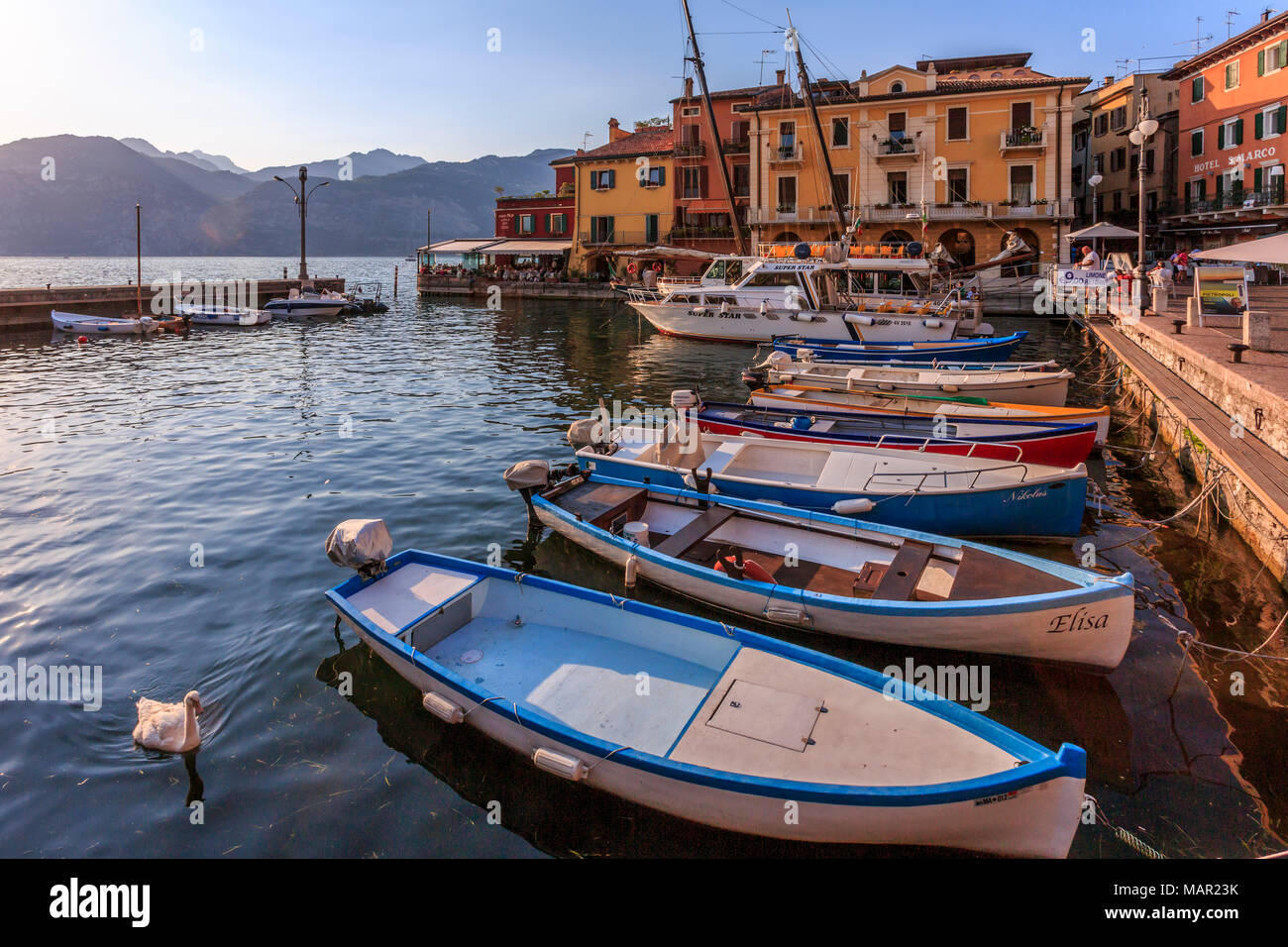 View of boats in Malcesine Harbour by the Lake, Malcesine, Lake Garda, Veneto, Italian Lakes, Italy, Europe Stock Photo
