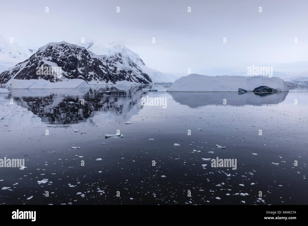 Atmospheric iceberg, mountain and glacier reflections, Neko Harbour, Andvord Bay, Graham Land, Antarctic Peninsula, Antarctica, Polar Regions Stock Photo