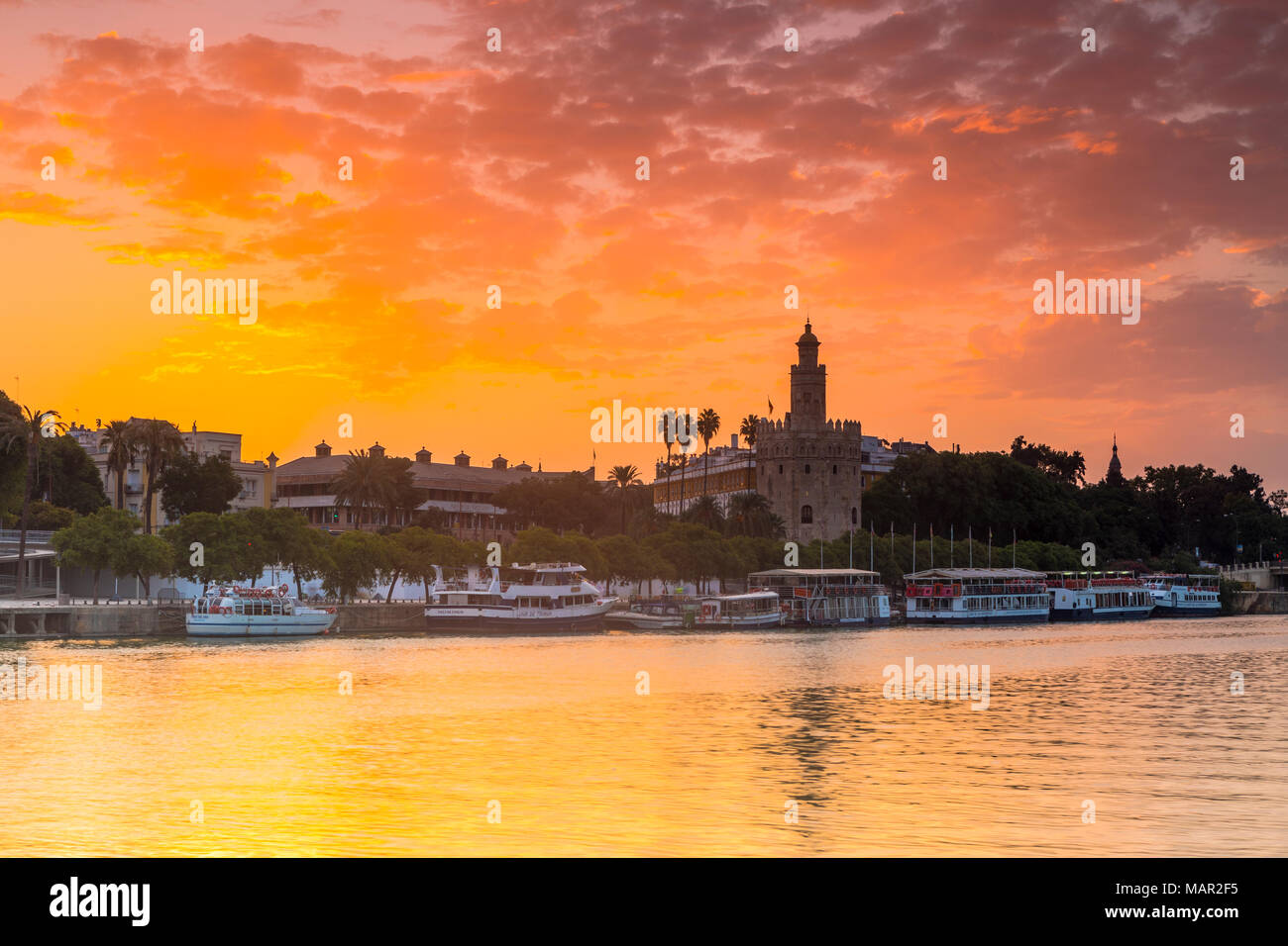 Torre del Oro (Gold Tower) at sunrise, Seville, Andalusia, Spain, Europe Stock Photo