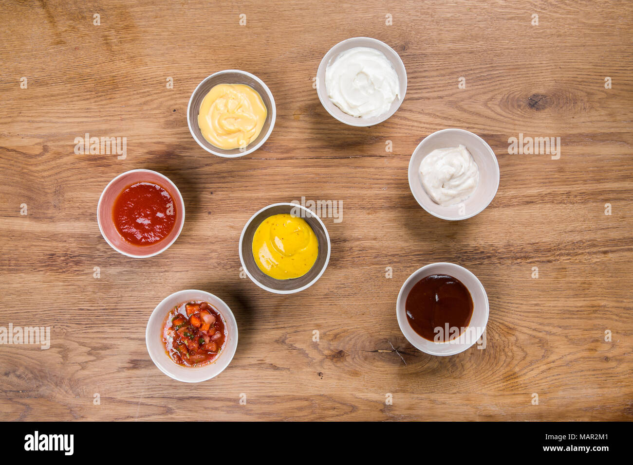 Set of sauces ketchup, mayonnaise, mustard soy sauce, bbq sauce