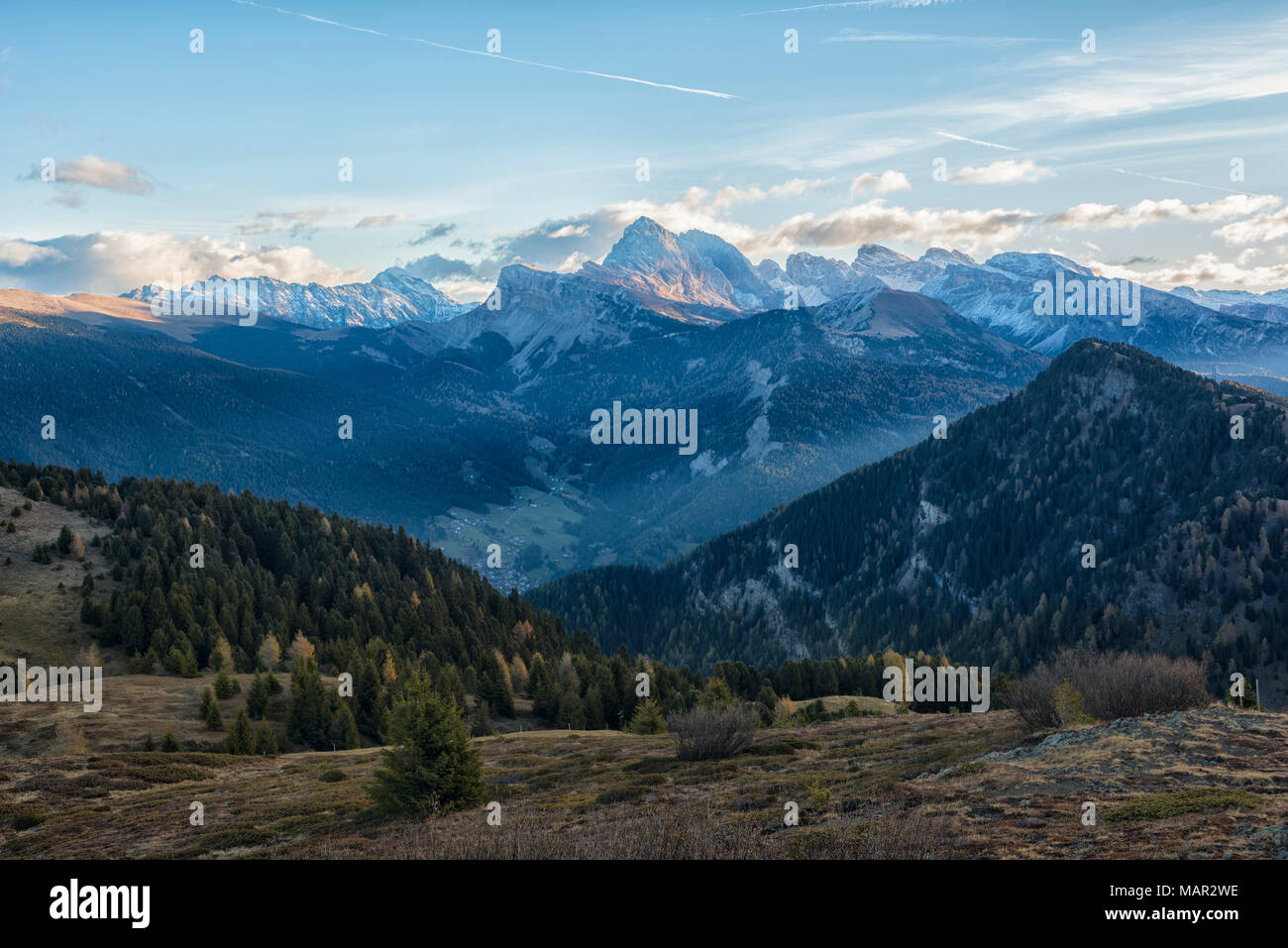 Odle mountain range, Seceda and Sass Rigais at sunrise, Trentino, Italy, Europe Stock Photo