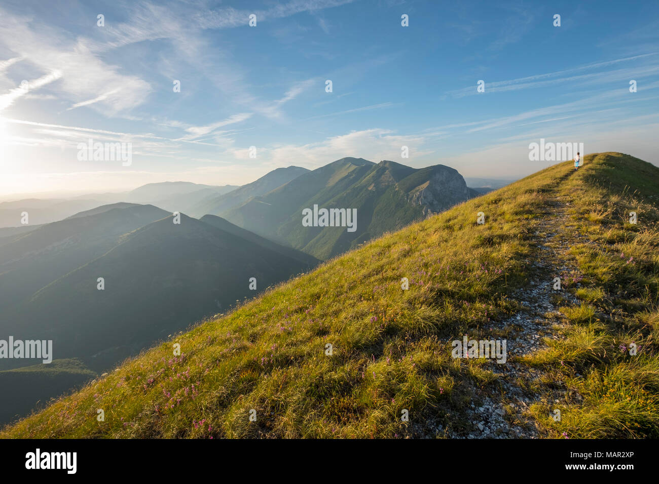 Young hiker on the summit of Mont Motette, Apennines, Umbria, Italy, Europe Stock Photo
